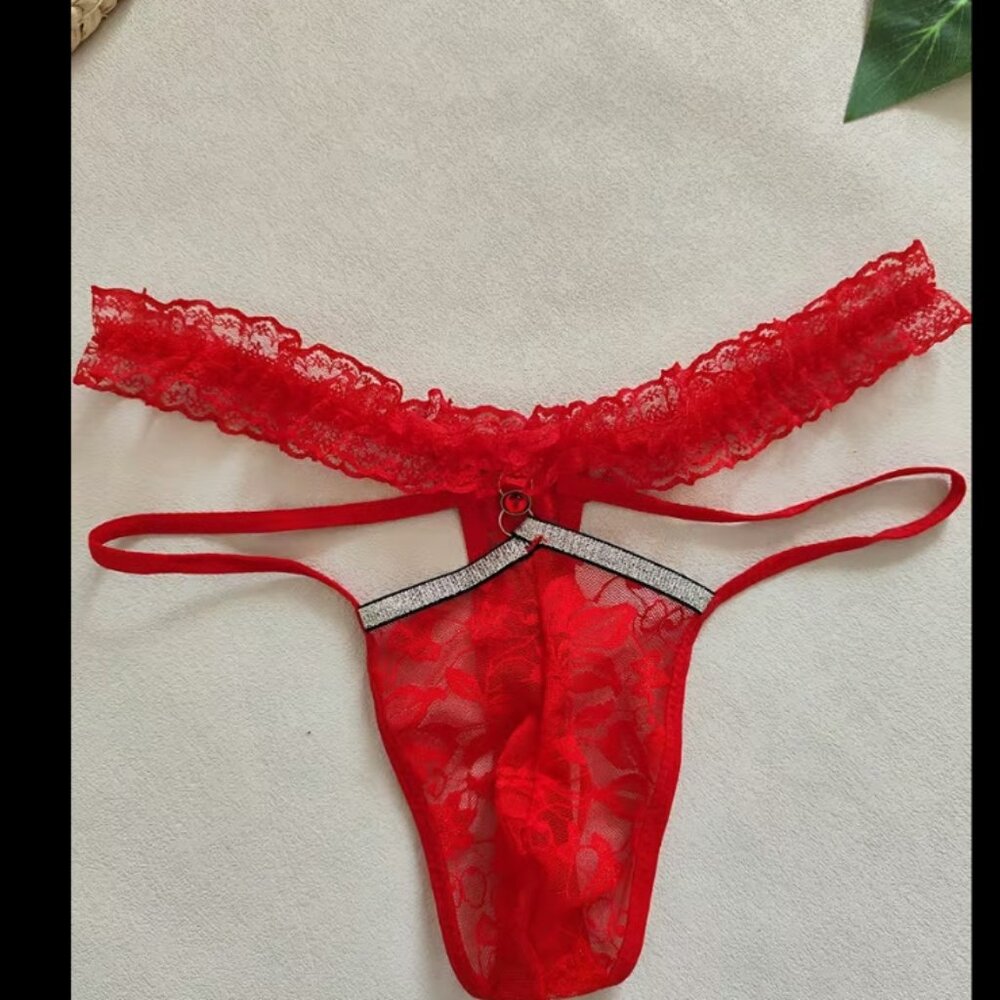 3pcs Men's Sexy Lace Thong, Metal Hinge Design, Red, Pink, Black, Men's Cross Dr